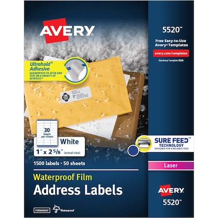 Avery Label, Wthrprf, Address, 1X2.5 1500PK AVE5520
